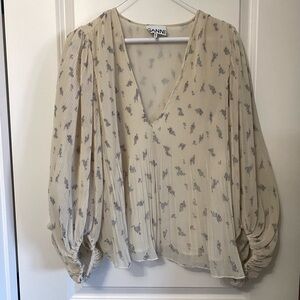 Ganni Cream Blouse with Gray Floral Print